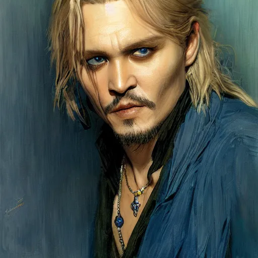 Prompt: detailed cinematic wide shot of beautiful attractive blonde vampire jhonny depp slim face symettrical face clean skin blue eyes black robe smooth, sharp focus, ultra realistic, spring light, painting by gaston bussiere, craig mullins, j. c. leyendecker