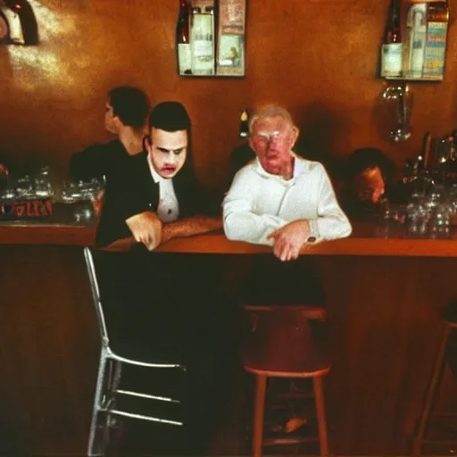 Image similar to old gay couple on a bar photographed by nan goldin, 8 0 s