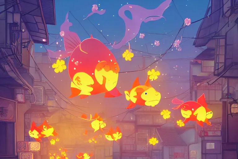 Prompt: fantasy art of glowing goldfish swimming in the air, in the streets of a japanese town at night, with people watching in wonder, by hayao miyazaki in the style of ponyo, highly detailed digital art, trending on artstation