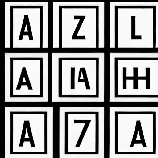 Prompt: latin alphabet in square boxes, symmetrical, grayscale, sharp