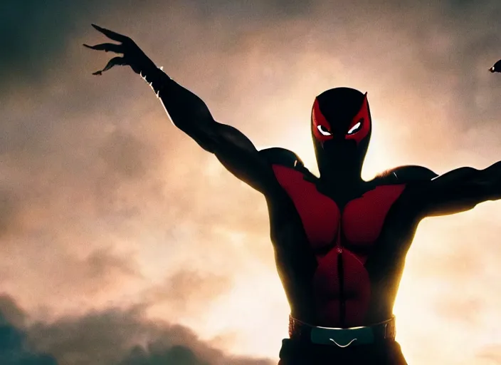 Image similar to film still of michael b jordan as spawn in the new spawn movie, giant chains, large cape, 8 k