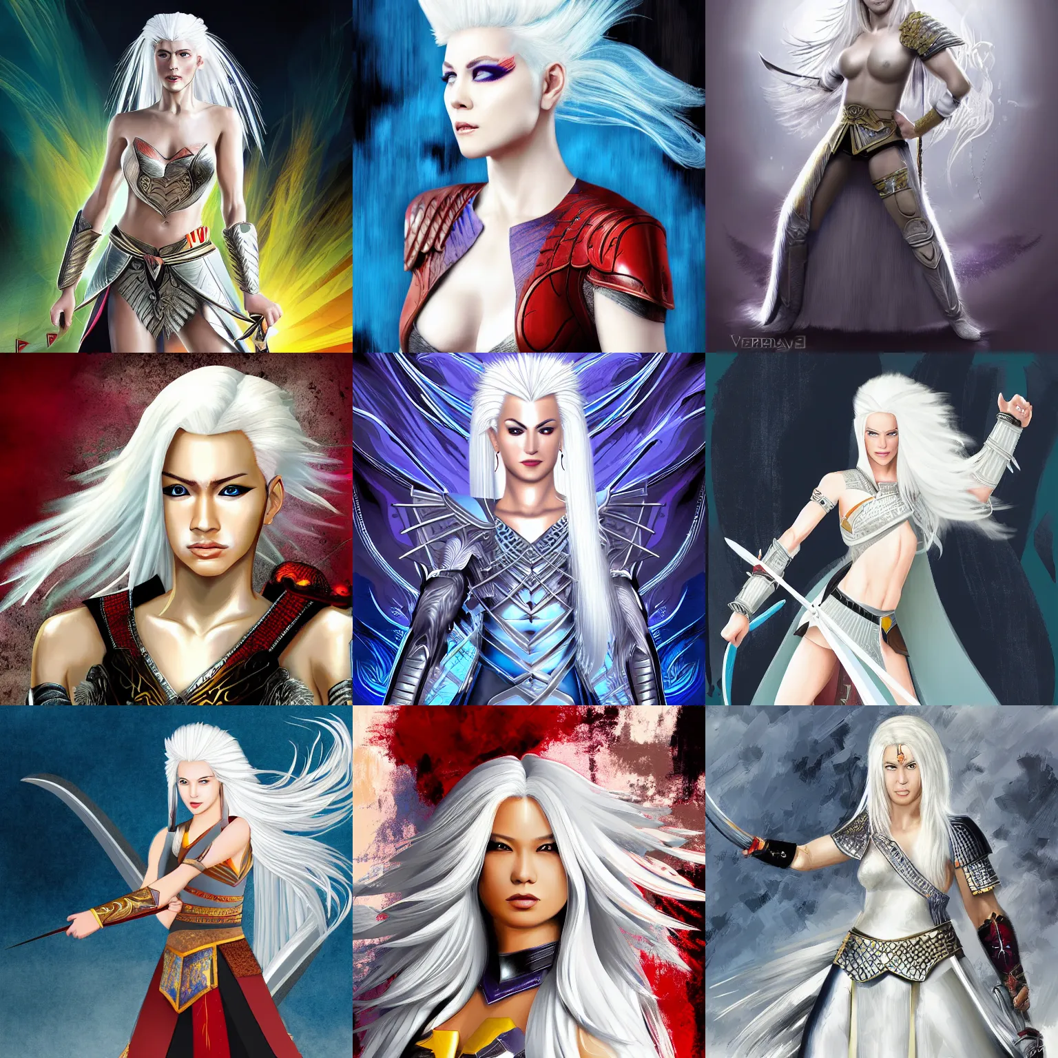 Prompt: female warrior princess with white hair full shot, by Vergil hoo and jerry park, abstract background