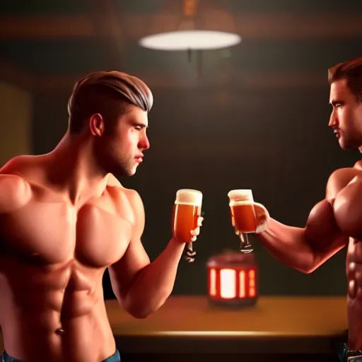 Image similar to cinematic scene with attractive muscular male and another attractive muscular male, drinking their hearts out, in the pub, very detailed, volumetric lighting, still frame