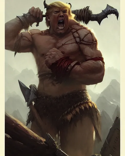 Prompt: trump as orc barbarian | | realistic shaded, fine details, realistic shaded lighting poster by greg rutkowski, magali villeneuve, artgerm, jeremy lipkin and michael garmash and rob rey