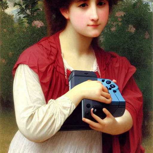 Image similar to teenage girl playing on her nintendo switch, painting by adolphe bouguereau, hyper detailed,