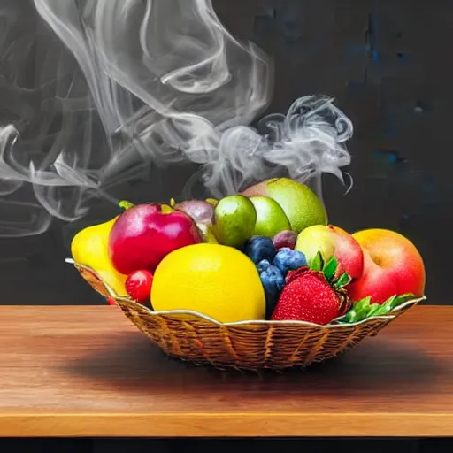 Prompt: a fruit basket on top of a kitchen table, smoke