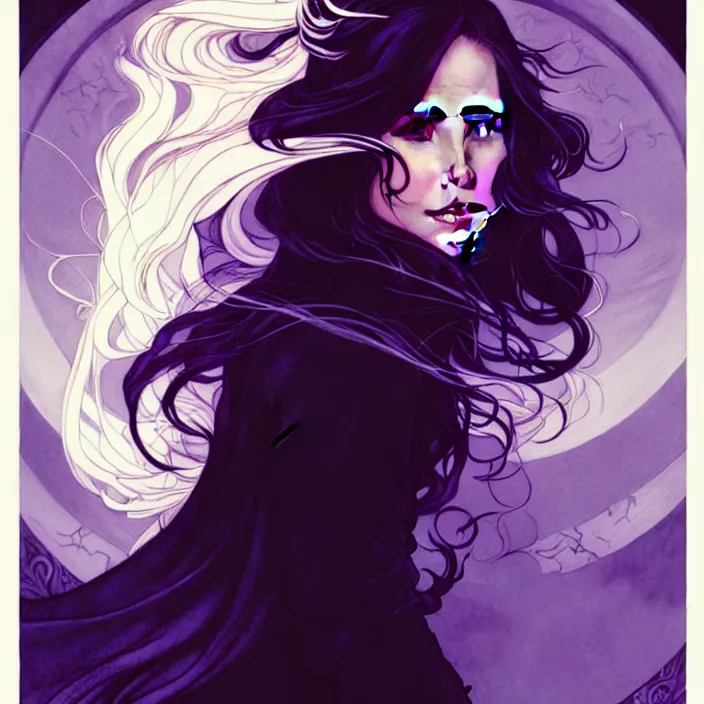 Prompt: style artgerm, joshua middleton, arthur rackham, beautiful kristen bell with black dress, very long white hair, symmetrical face, symmetrical eyes, purple fire powers fire swirling, detailed, forest setting, cinematic lighting