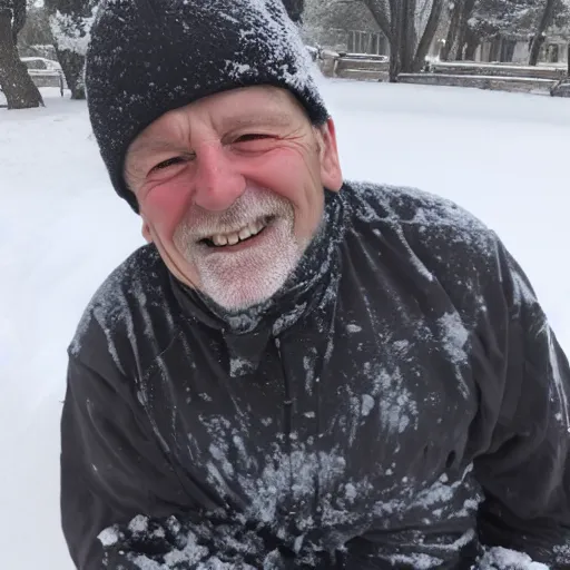 Prompt: a smiling old man covered in snow