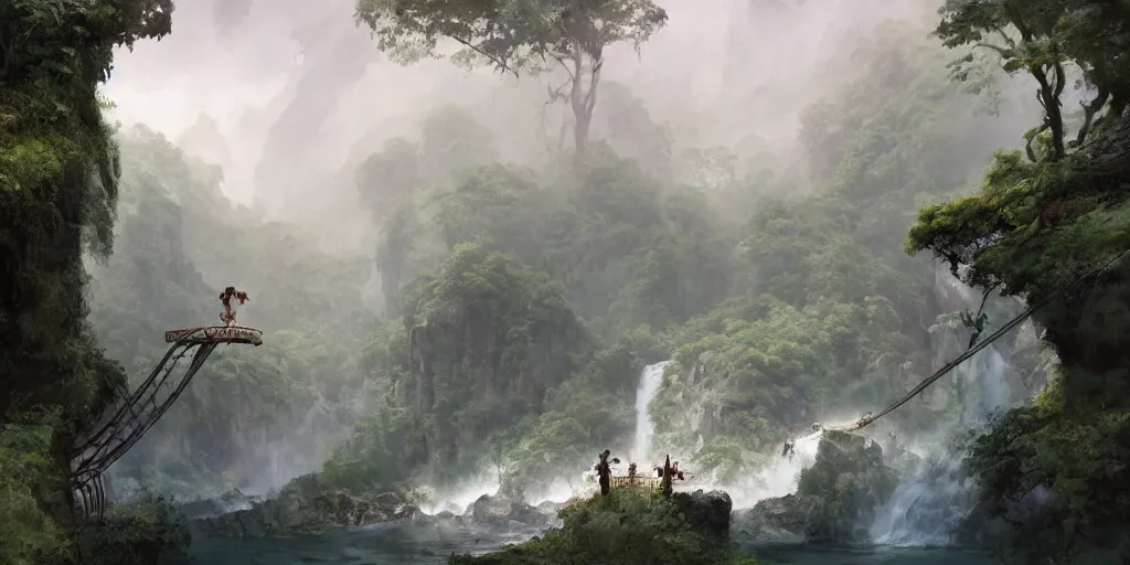 Prompt: an island of jungle cliffs with treehouses atop. tiered catwalks and rope bridges. foggy valley and mountains fading into the distance, at sunset. waterfalls. neverland. peter pan kids wearing war paint and headdresses, standing on the rope bridges. magic the gathering card art by greg rutkowski.