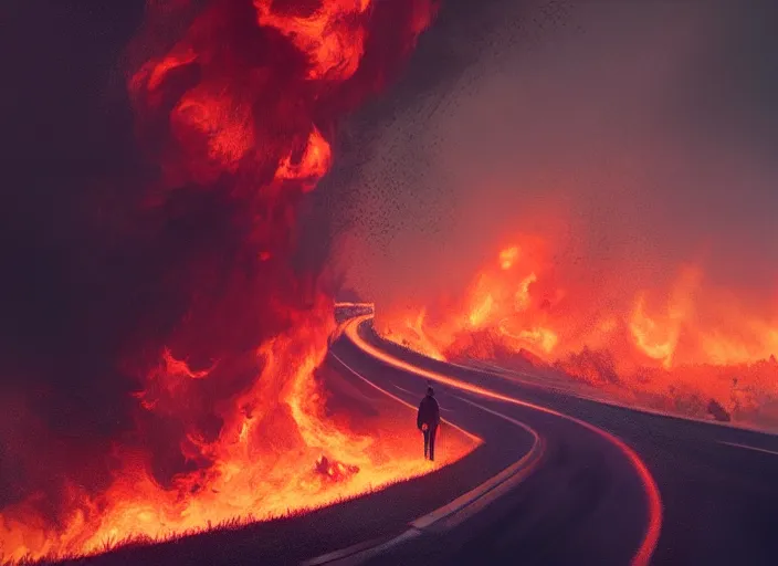 Prompt: beautiful and terrible fires of los angeles, atmoshperic, sharp focus, dark road, ghotic, huge lips, trending on artstation, intricate details