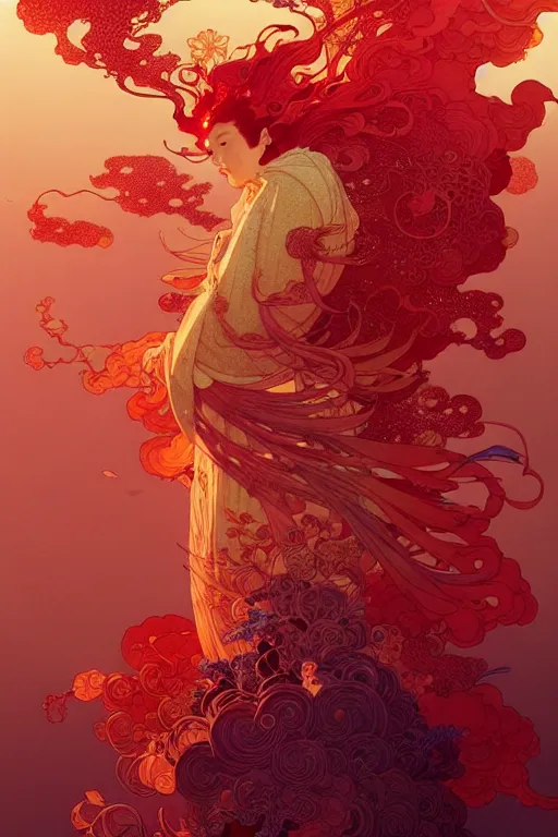 Image similar to a beautiful hyperdetailed character design 4 k wallpaper illustration of a huge reddish phoenix by victo ngai and mucha, denoise, deblurring, artgerm, xision, james jean, ross tran, chinese style