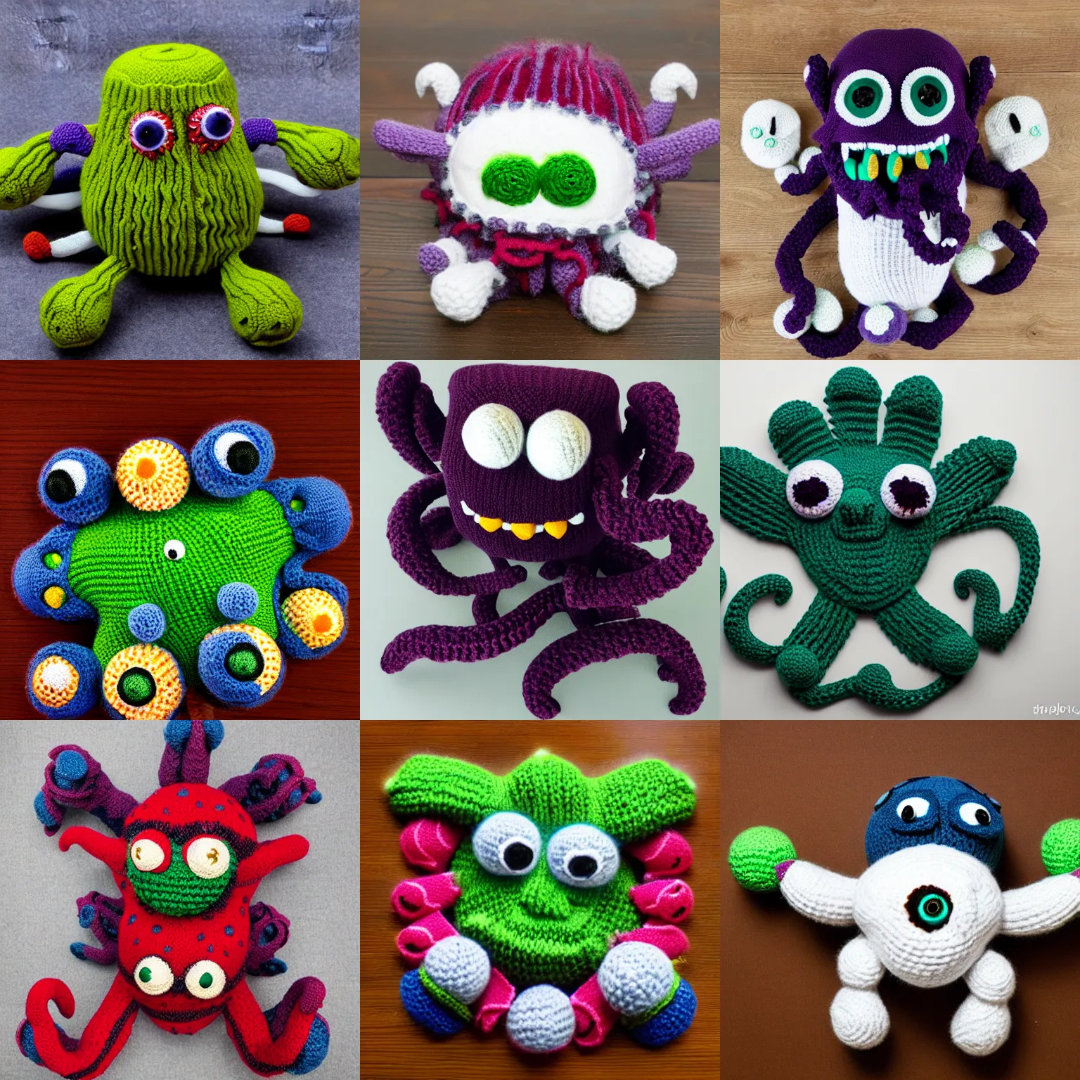 Prompt: knitted ferocious monster with 8 eyes and tentacles on a white background, cute, 4K