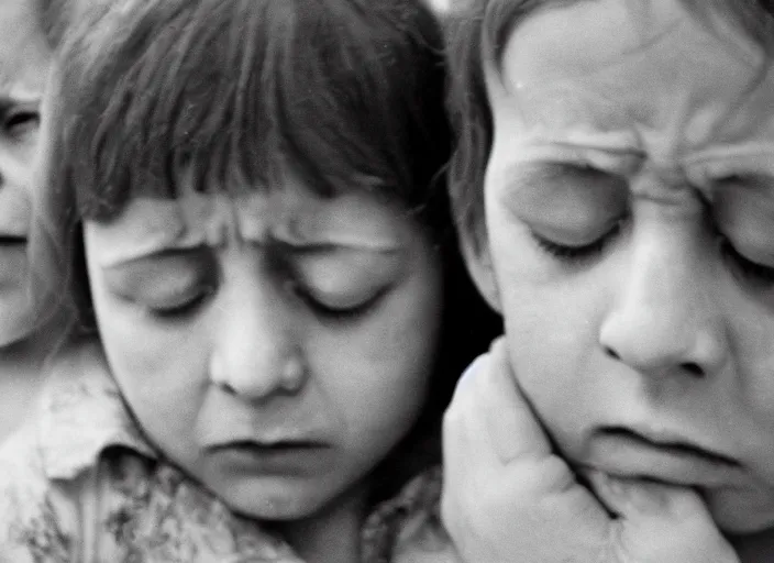 Image similar to high resolution black and white portrait with 8 0 mm f / 1 2 lens of children in chernobyl with eyes closed in grief in 1 9 8 9.