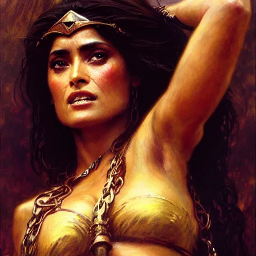 Prompt: salma hayek as a barbarian warrior, painting by gaston bussiere, craig mullins, greg rutkowski, alphonse mucha