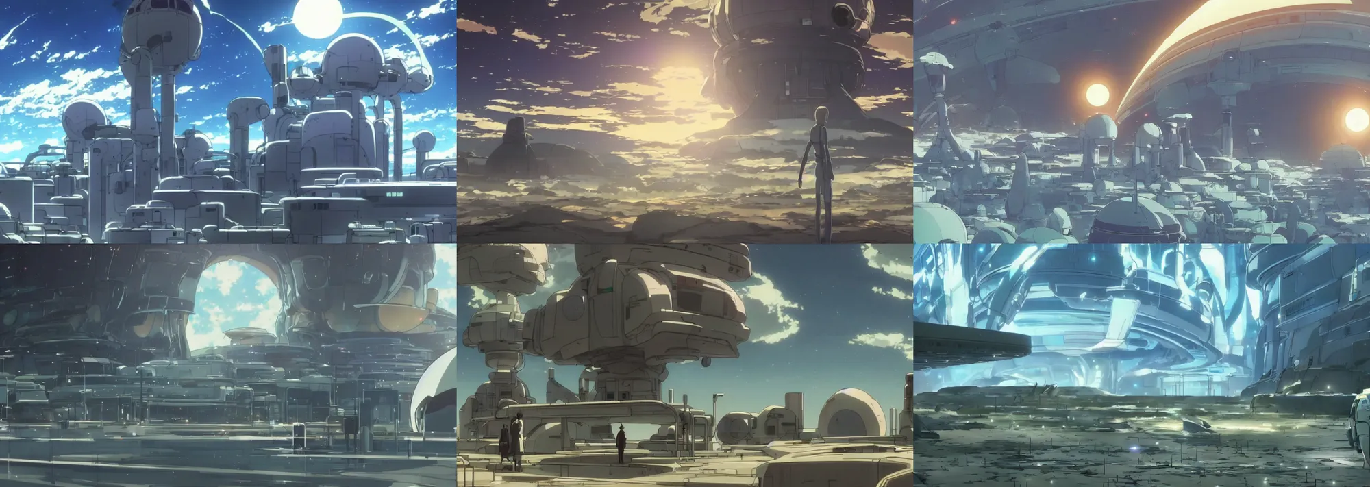 Prompt: screenshot from the science fiction anime film by makoto shinkai, futuristic scientific laboratory, desert alien planet, from the anime film by studio ghibli