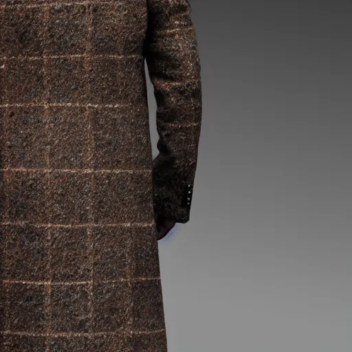 Prompt: Photograph of a man with a stern look dressed in brown tweed long coat. He has a gun in his hand and seems mentally unstable. 4K, dramatic lighting