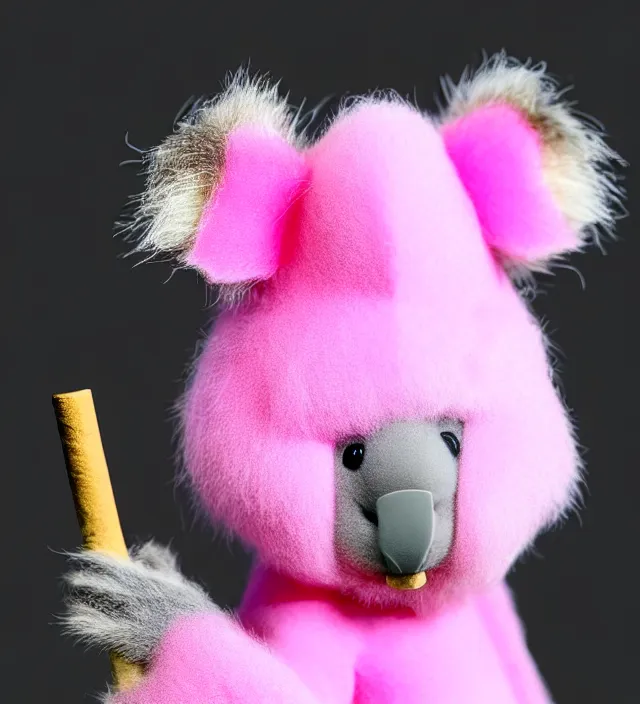 Image similar to high quality 3 d render hyperrealistic very cute small pink koala smoking weed joint, smoke rising from the joint, plush mascot, short spiky dense fluffy smooth hair, photo from the side, pink fluffy fur, 1 5 0 mm, beautiful natural soft light, rim light, smooth background, artstation, ultra detailed, elegant, ultra detailed, metallic armor, octane render