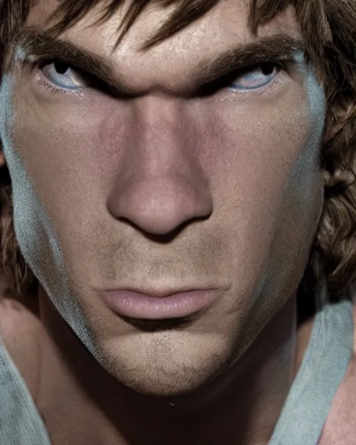 Prompt: dramatically - lit closeup portrait photograph of norville shaggy rogers from the scooby - doo live - action film ( 2 0 0 2 ), sharp details, vignette, high saturation, smooth textured skin, subsurface scattering, photograph by mark mann and martin schoeller, 4 k, soft focus, centered, symmetrical