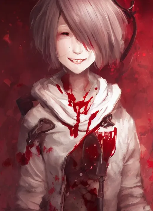 Image similar to a highly detailed illustration of short hair cute japanese girl wearing blood stained hoodie and bandages on legs, dramatic sadistic smile pose, intricate, elegant, highly detailed, centered, digital painting, artstation, concept art, smooth, sharp focus, league of legends concept art, WLOP