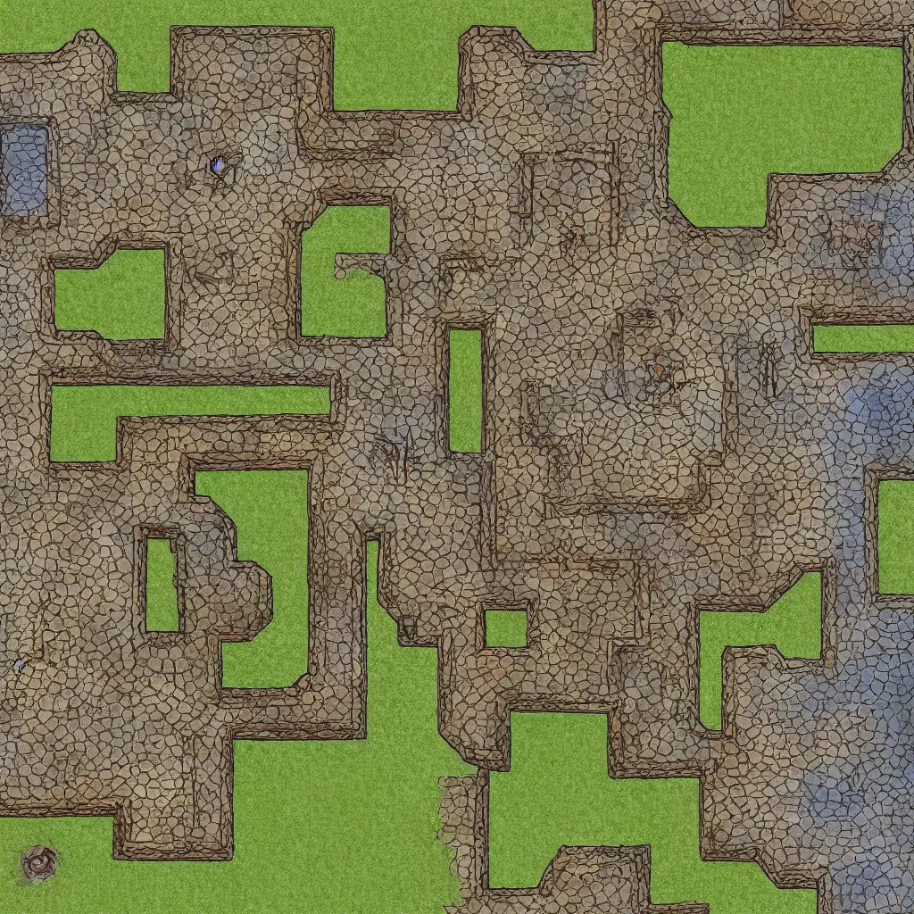 Image similar to tabletop rpg battlemap, castle floorplan, top down grid, high detail, architectural, full color, flat light, spiral stairs, gate, narrow windows