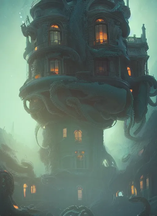 Prompt: giant tentacles destroying a glowing mansion in burning vapor dramatic lighting, faces floating, artstation, matte painting, aykut aydogdu, allen williams, artem chebokha