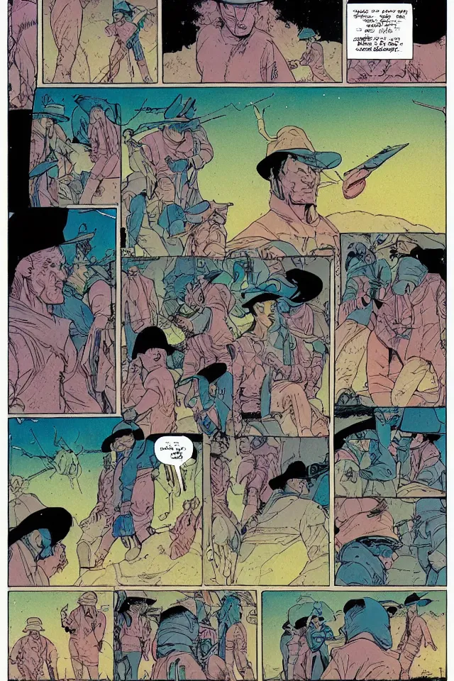 Prompt: colorfull comicpage with panels and speech balloons by Moebius showing the meaning of life