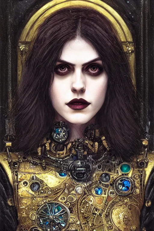 Image similar to portrait of beautiful gothic Alexandra Daddario, cyberpunk, Warhammer, highly detailed, artstation, illustration, art by Gustav Klimt