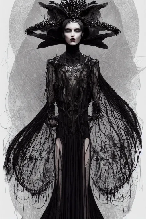 Prompt: beautiful dark goth model wearing epic haute couture by Alexander McQueen, extremely beautiful and proportionate face, in the aesthetic of mert and marcus, masterpiece, intricate, elegant wardrobe, highly detailed, digital painting, artstation, concept art, smooth, sharp focus, illustration, art by artgerm and james jean and greg rutkowski and alphonse mucha