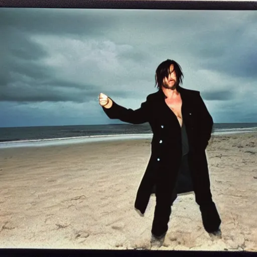 Image similar to 9 0 s polaroid photograph of norman reedus wearing a trenchcoat at night, dancing on a beach during cloudy weather, vignette