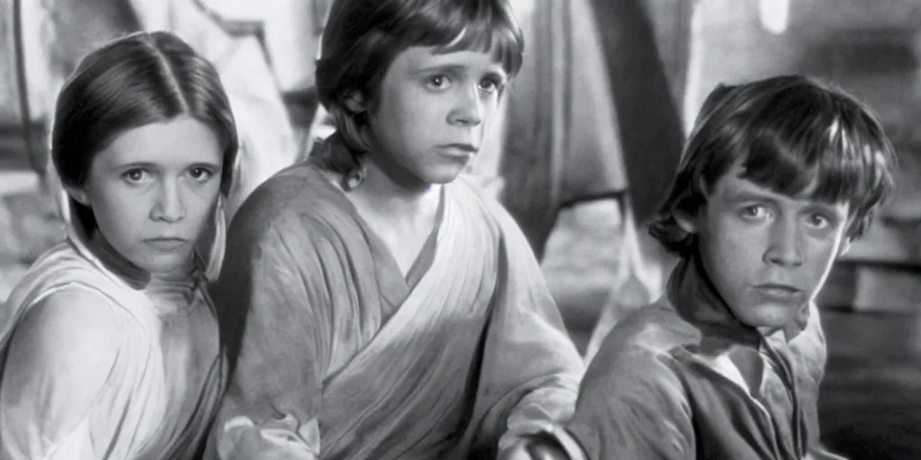 Image similar to film still of carrie fisher and mark hamill as children in new star wars movie, dramatic lighting, highly detailed face, kodak film, wide angle shot,