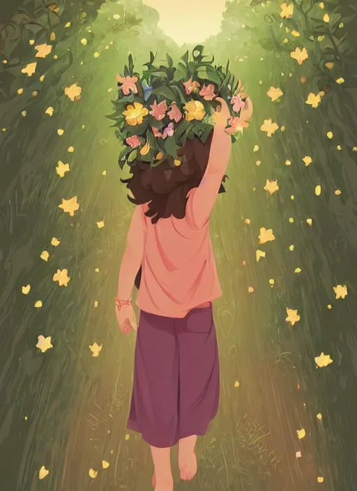 Prompt: little girl with wavy curly light brown hair chasing fireflies in the woods. wearing a flower crown. clean cel shaded vector art. shutterstock. behance hd by lois van baarle, artgerm, helen huang, by makoto shinkai and ilya kuvshinov, rossdraws, illustration, art by ilya kuvshinov