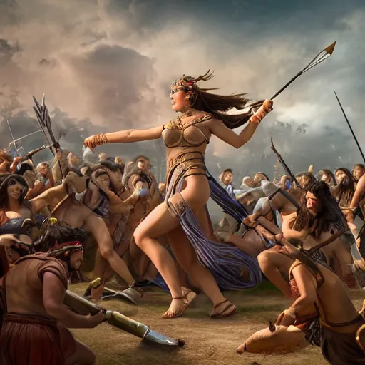 Image similar to Greek goddess Athena fighting with stupidity, stupidity is represented by horde of internet influencers, realistic person, spear in the right hand, long hair, detailed body and face, natural look, realistic photography, hyper realistic, highly detailed, 4k, battle landscape, high quality image, couraging and atmospheric composition