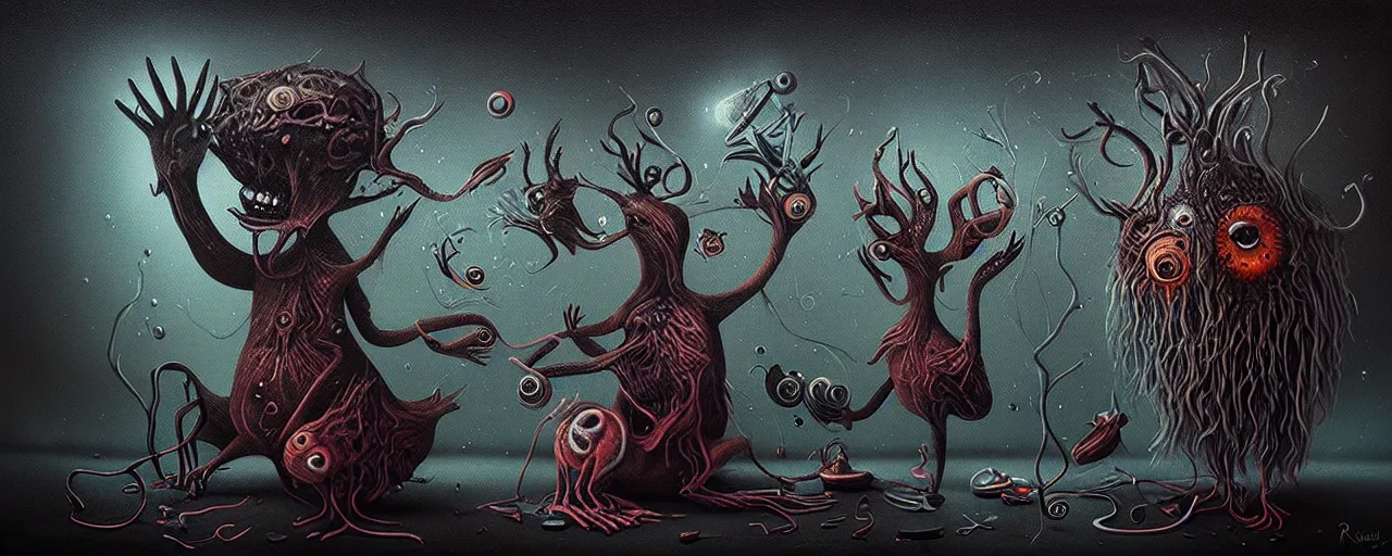 Image similar to whimsical alchemical creatures, surreal dark uncanny painting by ronny khalil