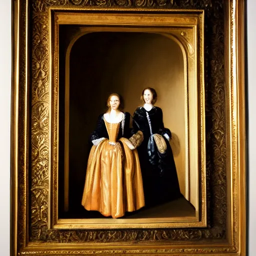 Prompt: fine art, oil on canvas. two women in a vast castle lobby wearing fine clothes, two men looking at one of her in the distance. dark room with light coming through the right side of the place. baroque style 1 6 5 6. high quality recreation of illumination shadows and colors, no distortion on subject faces.