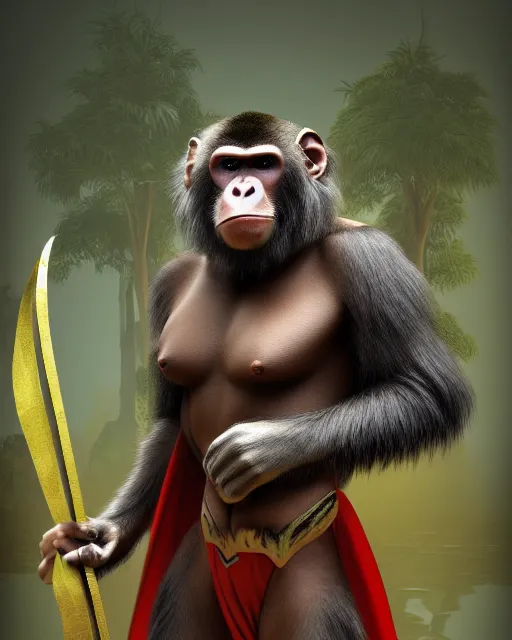 Prompt: fury art, an anthro ape monkey wearing a large cape and a fantasy armor, jungle background, 3 d, 8 k, extremely detailed, trending on furaffinity, trending on artstation, award winning, sharp focus, illustration