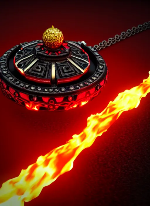 Prompt: rpg item, a black necklace with a bright red crystal pendant in flames, Unreal 5, DAZ, hyperrealistic, rpg style, octane render, dynamic lighting