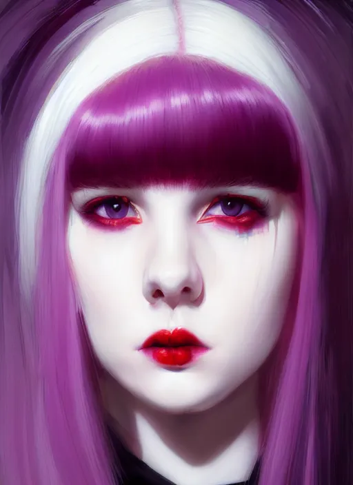 Image similar to portrait of white teenage girl, normal face, white bangs, mall goth, cyberlox, black and white hair, bangs, fluffy bangs, red contact lenses, purple lipstick, intricate, elegant, highly detailed, digital painting, artstation, concept art, sharp focus, smooth, illustration, art by wlop, mars ravelo and greg rutkowski