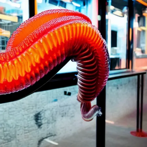 Image similar to a futuristic robotic gummi worm. dramatic product lighting. it's a gummi with extra juiciness. but it's also a worm. ick. in a magical side alley, the worm is on display in a trendy food truck display. digital reality.