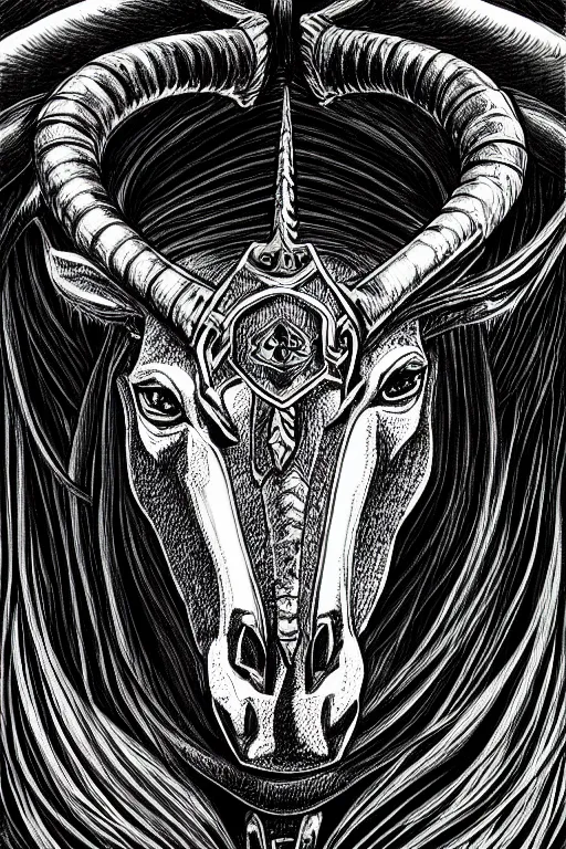 Image similar to evil horse with a horn, symmetrical, highly detailed, digital art, sharp focus, trending on art station, kentaro miura manga art style