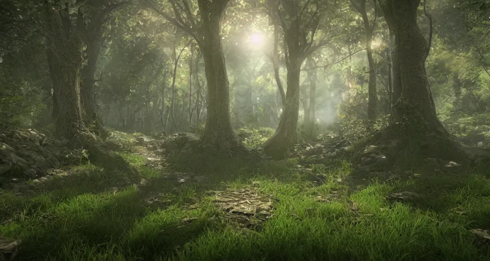 Prompt: Enchanted and magic forest, with Vray