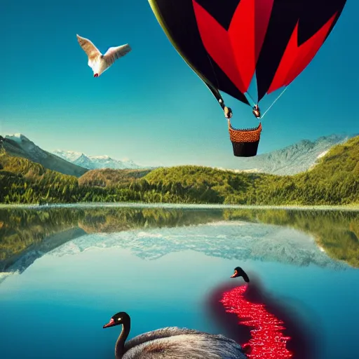 Image similar to photo of two black swans swimming in a beautiful reflective mountain lake, touching heads, forming a heart with their necks, a colorful hot air balloon is flying above the swans, hot air balloon, intricate, portrait, 8k highly professionally detailed, HDR, CGsociety, octane render, 4k