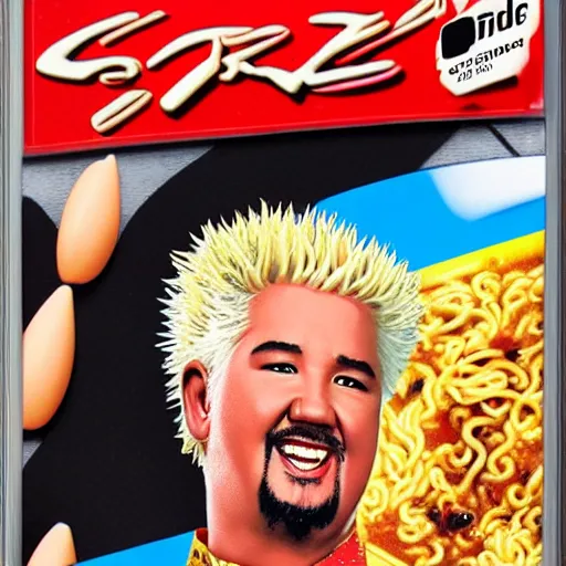 Image similar to guy fieri has ramen noodle hair for the nintendo genesis, game case, box art