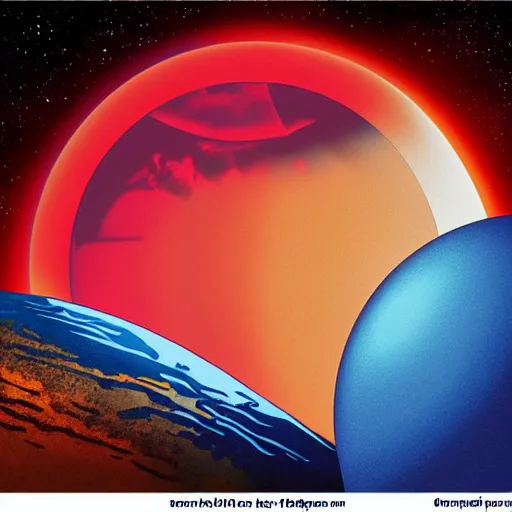 Prompt: orange and blue alien planet landscape with a solar eclipse in the sky, comic book picture