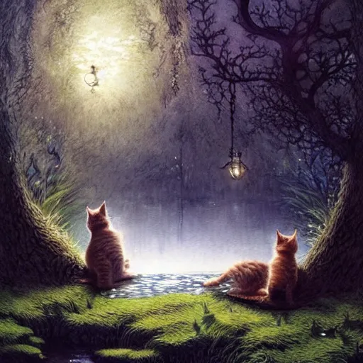 Image similar to two kittens in the enchanted forest watching the fish in the stream, fantasy, intricate, extremely detailed, matte, artstation, art by greg rutkowski, louis wain, alan lee, terry gilecki