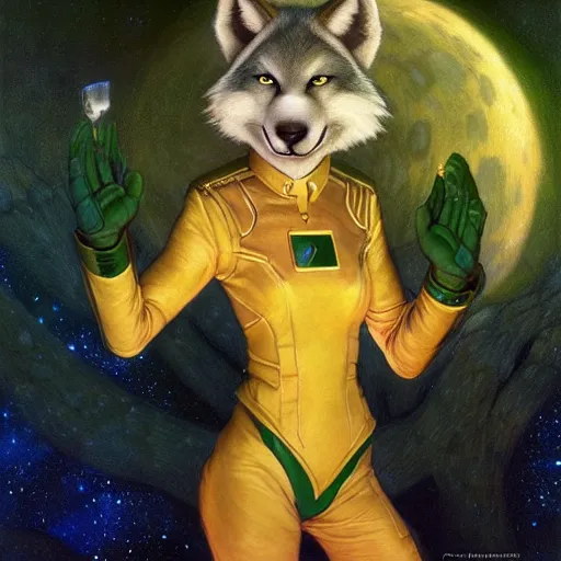 Image similar to a portrait of a female wolf wolfwoman canine alien in starfleet uniform at night in a dark forest. zootopia fursona furaffinity furry art detailed face painting by gaston bussiere craig mullins jc leyendecker gustav klimt artgerm greg rutkowski furry