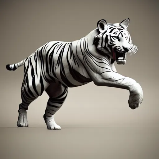 Image similar to a low - poly render of a white tiger in a dynamic action pose dwelling in the spirit realm, low poly 3 d, octane render, dramatic dreamlike lighting