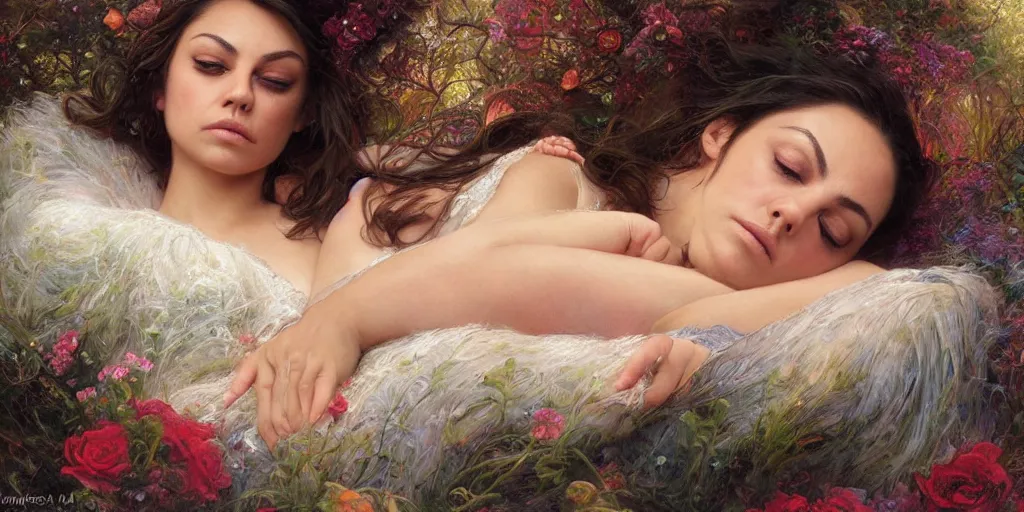 Prompt: Mila Kunis falling asleep, Lilia Alvarado, Sophie Anderson, Mark Arian, Bob Byerley, Charlie Bowater, Mark Brooks, Steve Henderson, Justin Gerard, Arthur Hughes, Edward Robert Hughes, Mark Keathley, Victor Nizovtsev, Carlos Shwabe, Ross Tran, WLOP