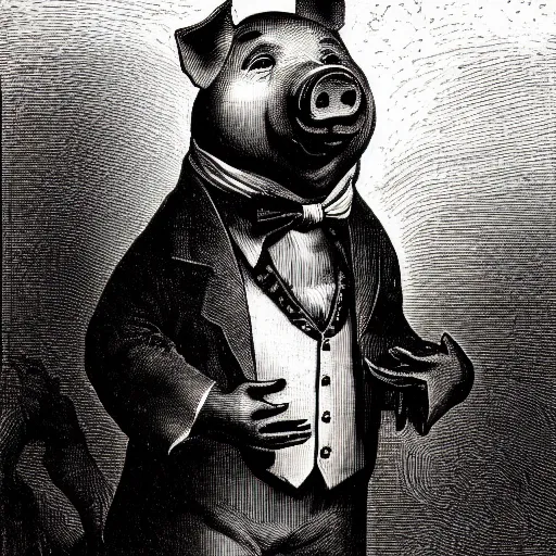 Image similar to a pig in a tuxedo, chiaroscuro, illustration by Gustave Doré,