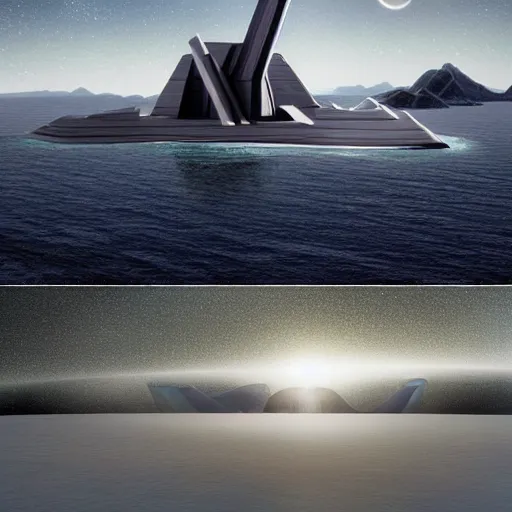 Image similar to spaceship starship battlestar by Alvar Aalto over sea, mountainous island, from interstellar by nolan