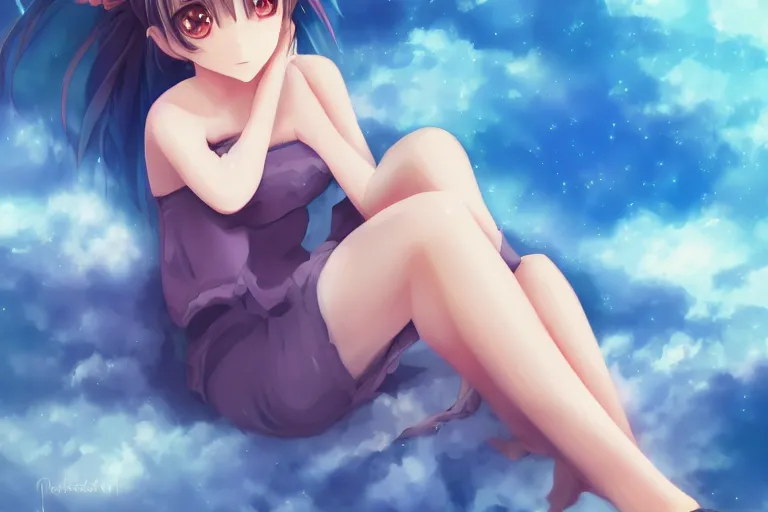 Image similar to a cute beautiful anime girl sitting on a cloud relaxing, digital painting, anime, portrait